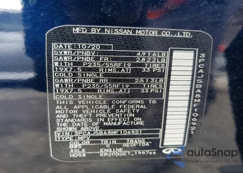 2021 Infiniti Qx50 Luxe из США, поврежденный, VIN 3PCAJ5BA8MF106921